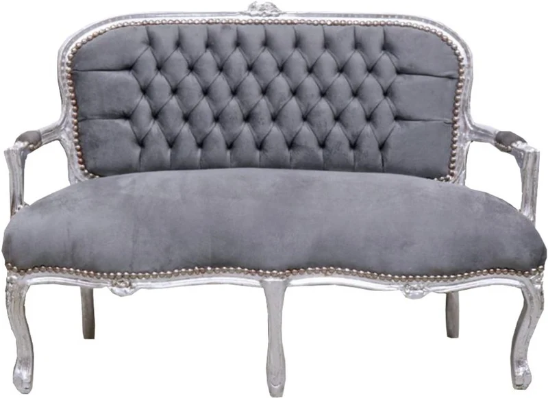 Casa Padrino Barock Kinder Sitzbank im Antik Stil, Grau und Silber, 90 x 38 x H. 67 cm, handgefertigt aus Massivholz