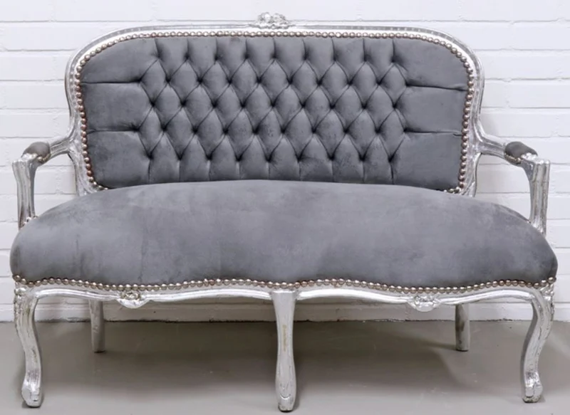 Casa Padrino Barock Kinder Sitzbank im Antik Stil, Grau und Silber, 90 x 38 x H. 67 cm, handgefertigt aus Massivholz