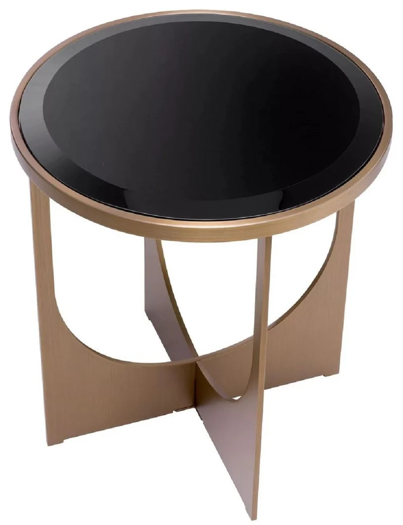 Casa Padrino Luxus Beistelltisch Messing / Schwarz Ø 40,5 x H. 44,5 cm - Runder Edelstahl Tisch mit Glasplatte - Luxus Möbel - Wohnzimmer Möbel - Luxus Einrichtung - Wohnzimmer Einrichtung