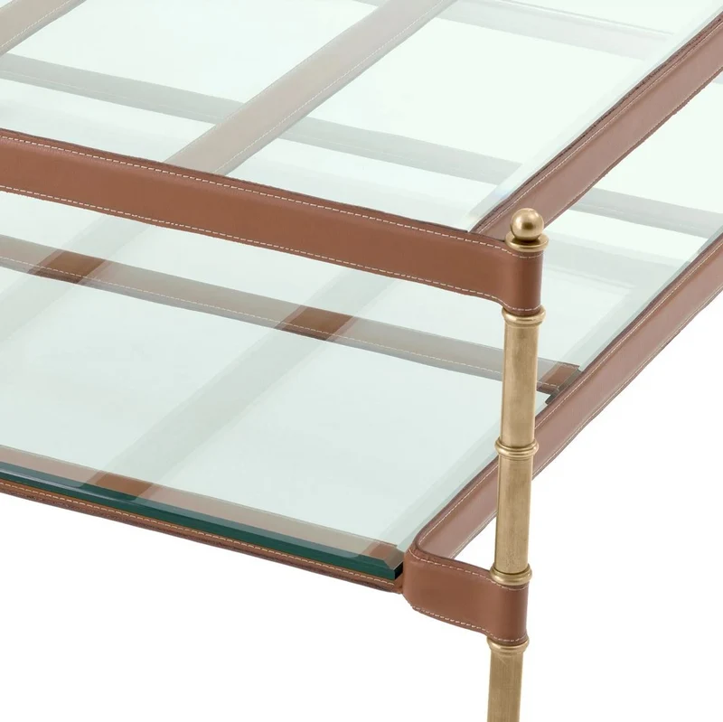 Casa Padrino Luxus Couchtisch Vintage Messing / Braun 89 x 87,5 x H. 44 cm - Wohnzimmertisch mit Glasplatten und Echtleder - Wohnzimmer Möbel - Hotel Möbel - Luxus Möbel - Luxus Einrichtung