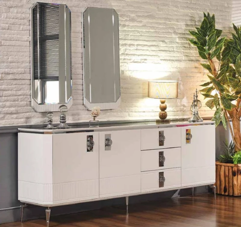 Casa Padrino Luxus Art Deco Sideboard Weiß / Silber 200 x 41 x H. 77 cm - Edler Massivholz Schrank mit 3 Türen und 3 Schubladen - Art Deco Möbel - Luxus Möbel