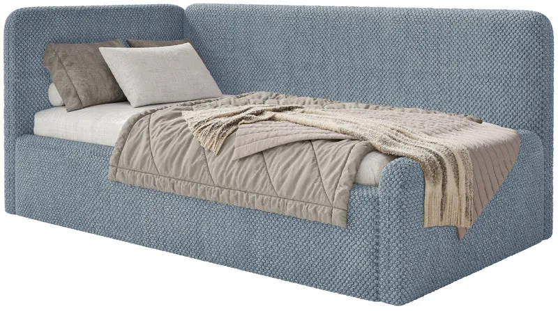 Jugendbett 90x200 cm Fanklo linksseitig mit Stauraum, blau, plüsch, wasserabweisend