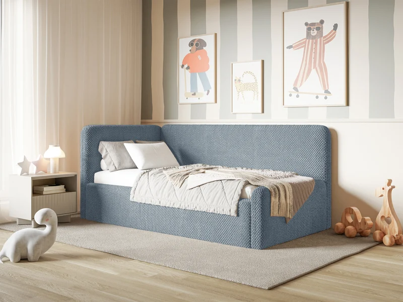 Jugendbett 90x200 cm Fanklo linksseitig mit Stauraum, blau, plüsch, wasserabweisend