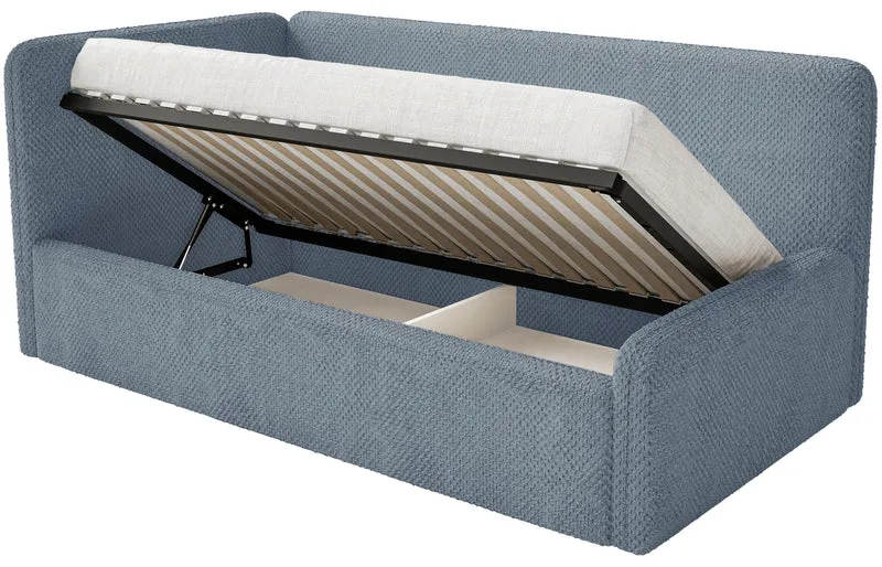 Jugendbett 90x200 cm Fanklo linksseitig mit Stauraum, blau, plüsch, wasserabweisend