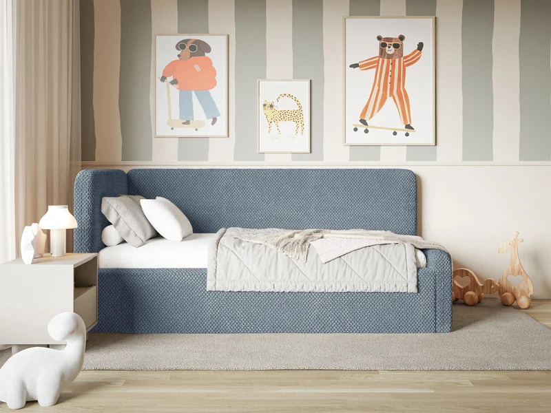 Jugendbett 90x200 cm Fanklo linksseitig mit Stauraum, blau, plüsch, wasserabweisend