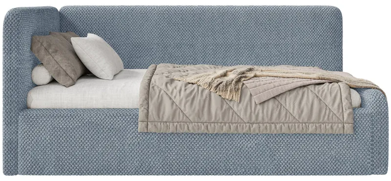 Jugendbett 90x200 cm Fanklo linksseitig mit Stauraum, blau, plüsch, wasserabweisend