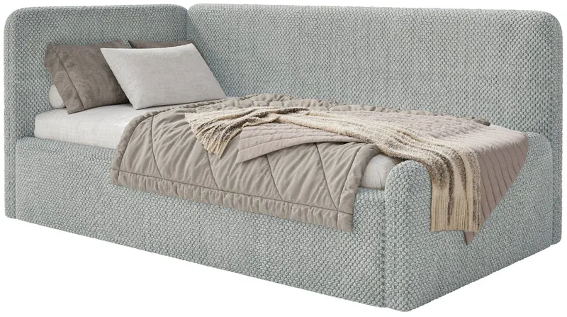 Jugendbett 90x200 cm Fanklo linksseitig mit Matratze und Aufbewahrungsbox, grauer wasserabweisender Plüsch