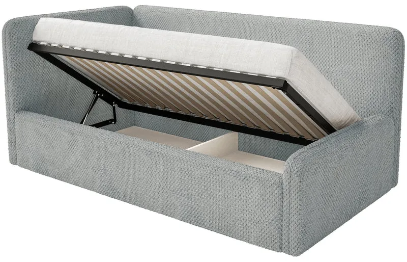 Jugendbett 90x200 cm Fanklo linksseitig mit Matratze und Aufbewahrungsbox, grauer wasserabweisender Plüsch