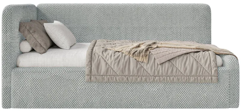 Jugendbett 90x200 cm Fanklo linksseitig mit Matratze und Aufbewahrungsbox, grauer wasserabweisender Plüsch