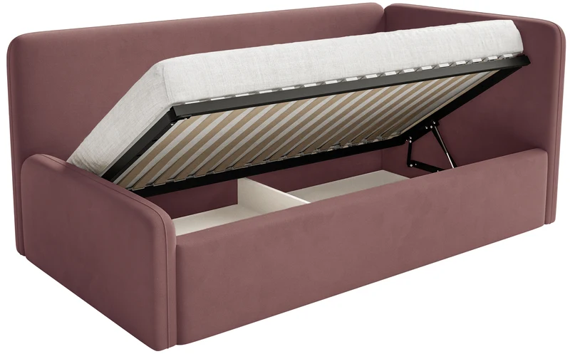 Jugendbett 90x200 cm Fanklo rechtsseitig mit Matratze und Stauraum, rosa Velours, wasserabweisend und leicht zu reinigen