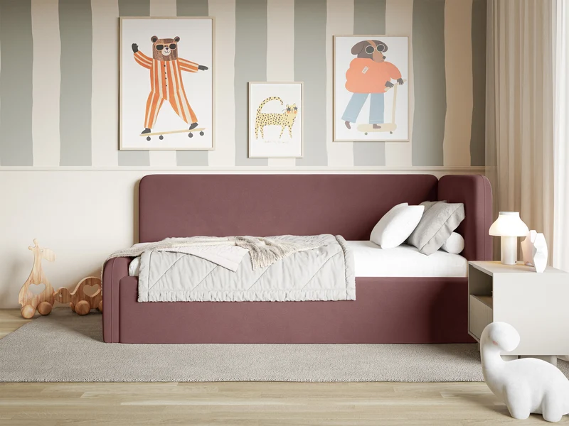 Jugendbett 90x200 cm Fanklo rechtsseitig mit Matratze und Stauraum, rosa Velours, wasserabweisend und leicht zu reinigen