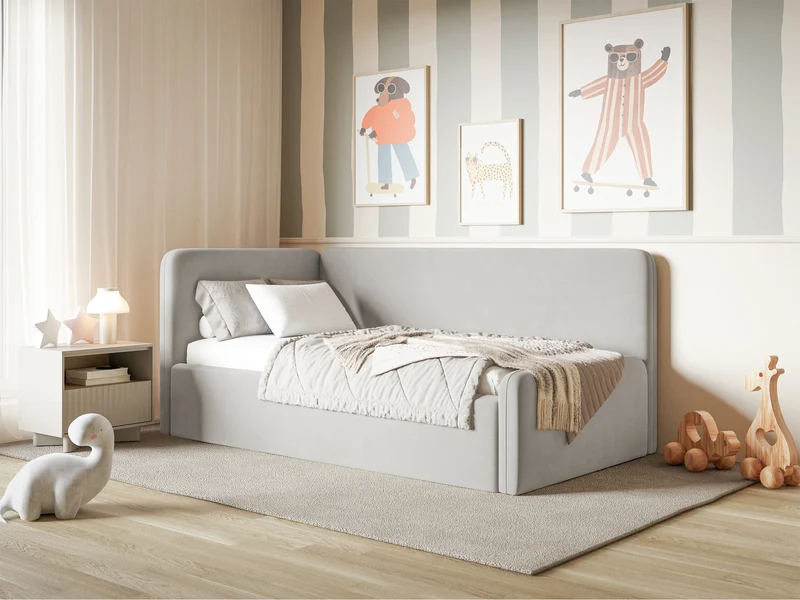 Jugendbett 90x200 cm Fanklo linksseitig mit Stauraum und hellgrauen, wasserabweisenden, pflegeleichten Samt-Geländern