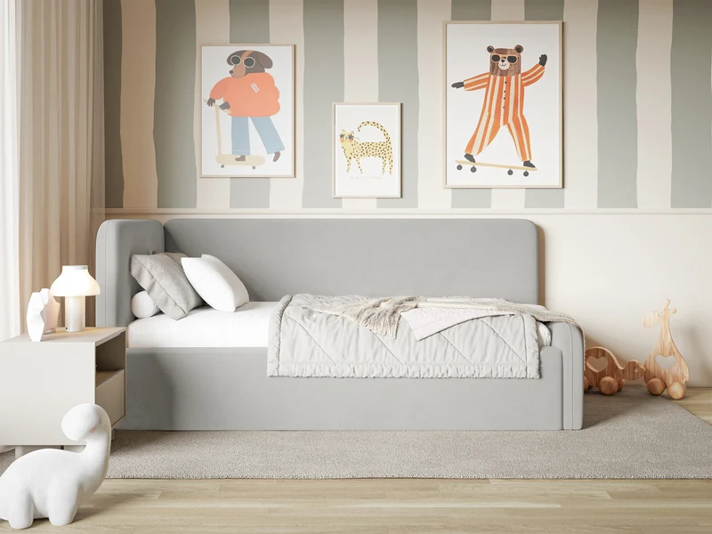 Jugendbett 90x200 cm Fanklo linksseitig mit Stauraum und hellgrauen, wasserabweisenden, pflegeleichten Samt-Geländern