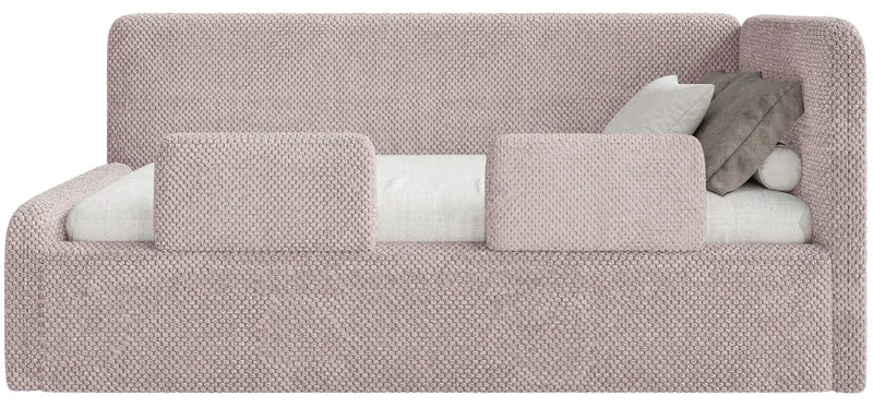 Jugendbett 90x200 cm Fanklo rechtsseitig mit Stauraum und Geländern, puderrosa Plüsch, wasserabweisend