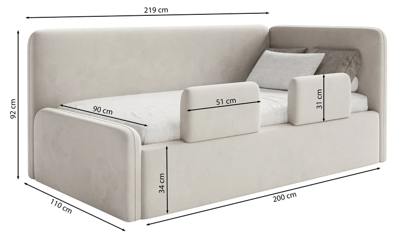 Jugendbett 90x200 cm Fanklo rechtsseitig mit Stauraum und Geländern, grau-brauner, hydrophober Plüsch