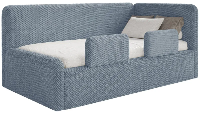 Jugendbett 90x200 cm Fanklo rechtsseitig mit Matratze, Stauraum und blauen, wasserabweisenden Plüsch-Gittern