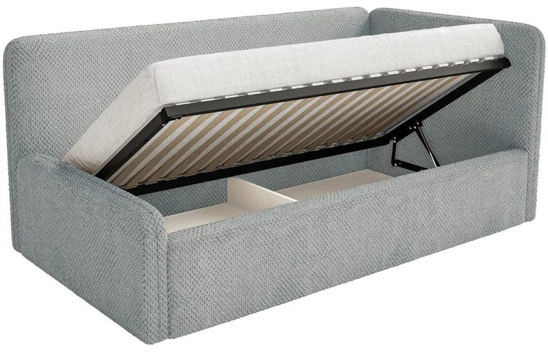 Jugendbett 90x200 cm Fanklo rechtsseitig mit Matratze, Stauraum und grauen, wasserabweisenden Plüsch-Gittern