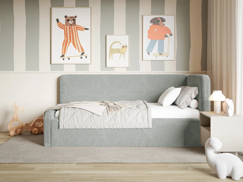 Jugendbett 90x200 cm Fanklo rechtsseitig mit Matratze, Stauraum und grauen, wasserabweisenden Plüsch-Gittern