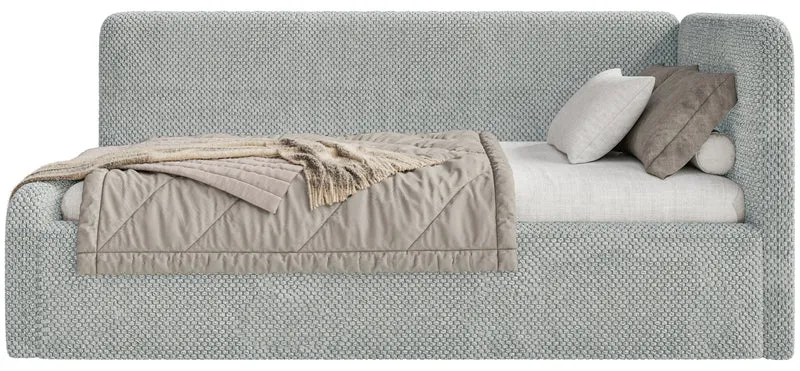 Jugendbett 90x200 cm Fanklo rechtsseitig mit Matratze, Stauraum und grauen, wasserabweisenden Plüsch-Gittern