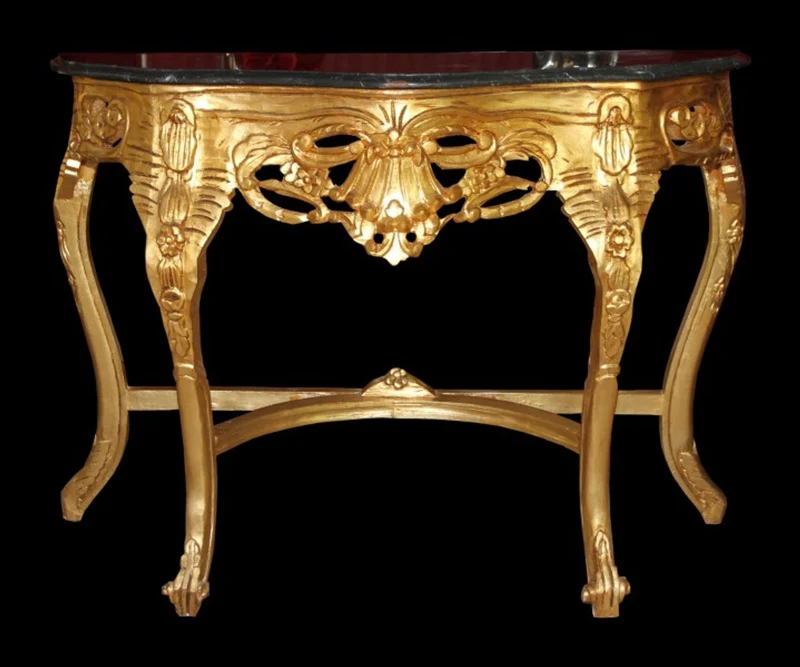 Casa Padrino Barock Konsolentisch in Gold mit schwarz-grünlicher Marmorplatte, 118 x 37 x 88 cm
