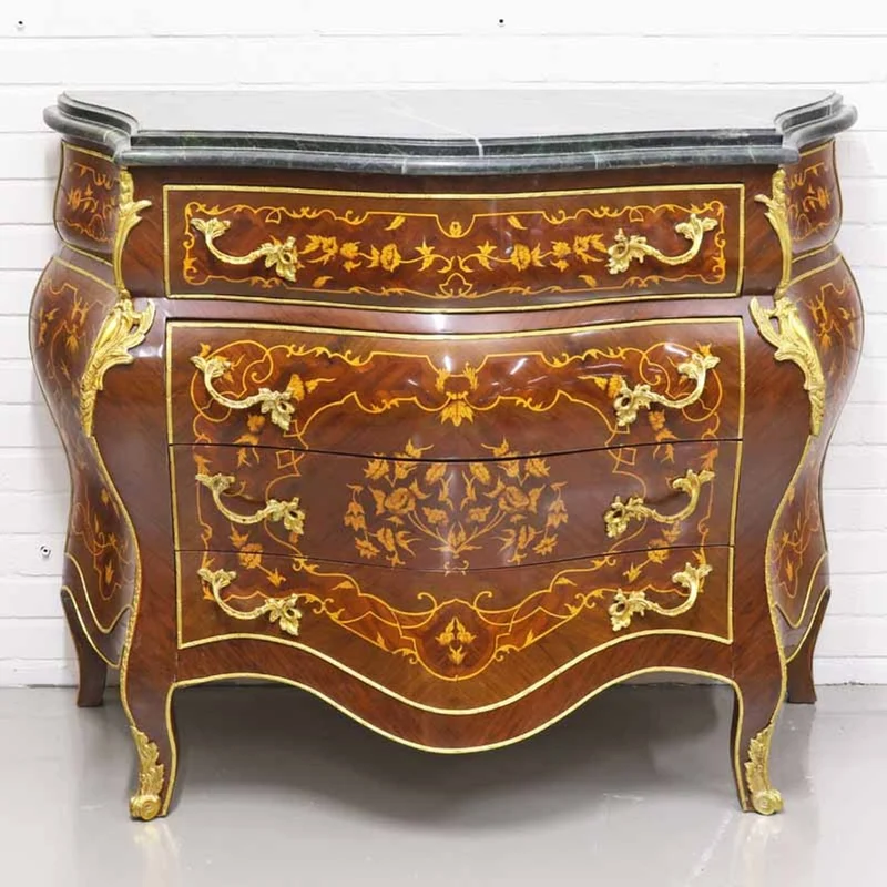 Casa Padrino Barockstil Kommode mit 4 Schubladen und Marmorplatte in braun, gold und schwarz, 110 x 50 x H. 90 cm