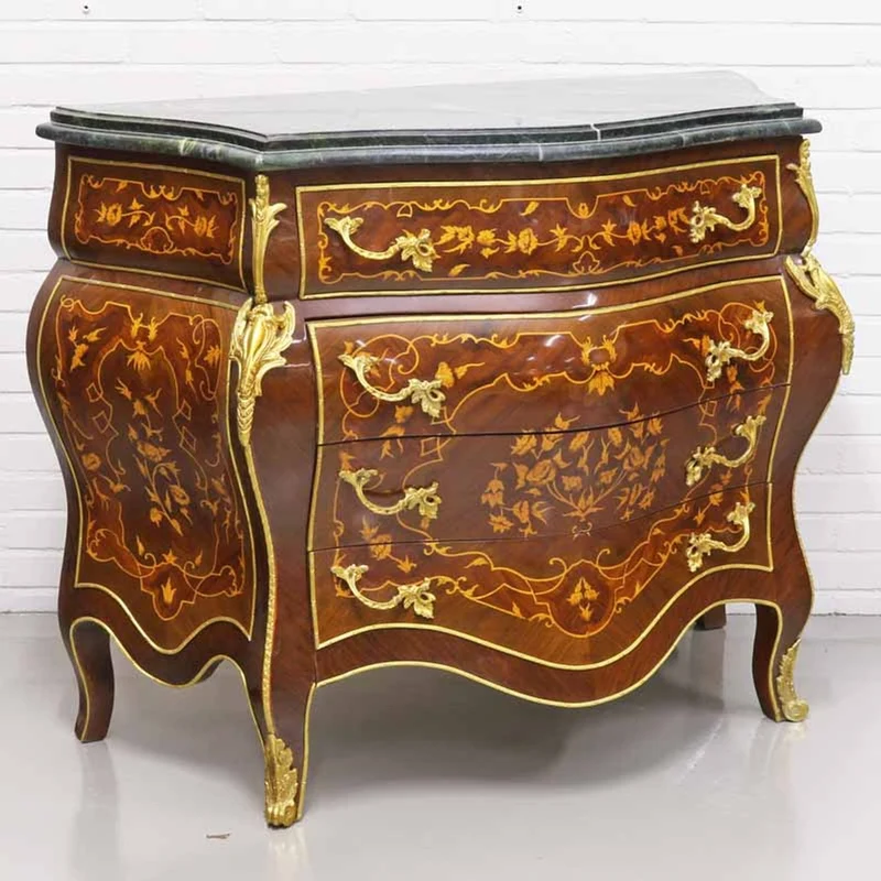 Casa Padrino Barockstil Kommode mit 4 Schubladen und Marmorplatte in braun, gold und schwarz, 110 x 50 x H. 90 cm