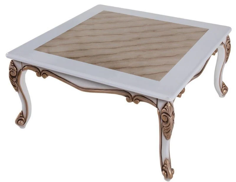 Casa Padrino Luxus Barock Couchtisch Beige / Weiß / Bronze 89 x 65 x H. 45 cm - Massivholz Wohnzimmertisch im Barockstil - Barock Wohnzimmer Möbel