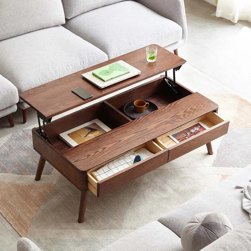 Massivholz-Lift-Top-Couchtisch mit Schubladen und versteckten Staufächern