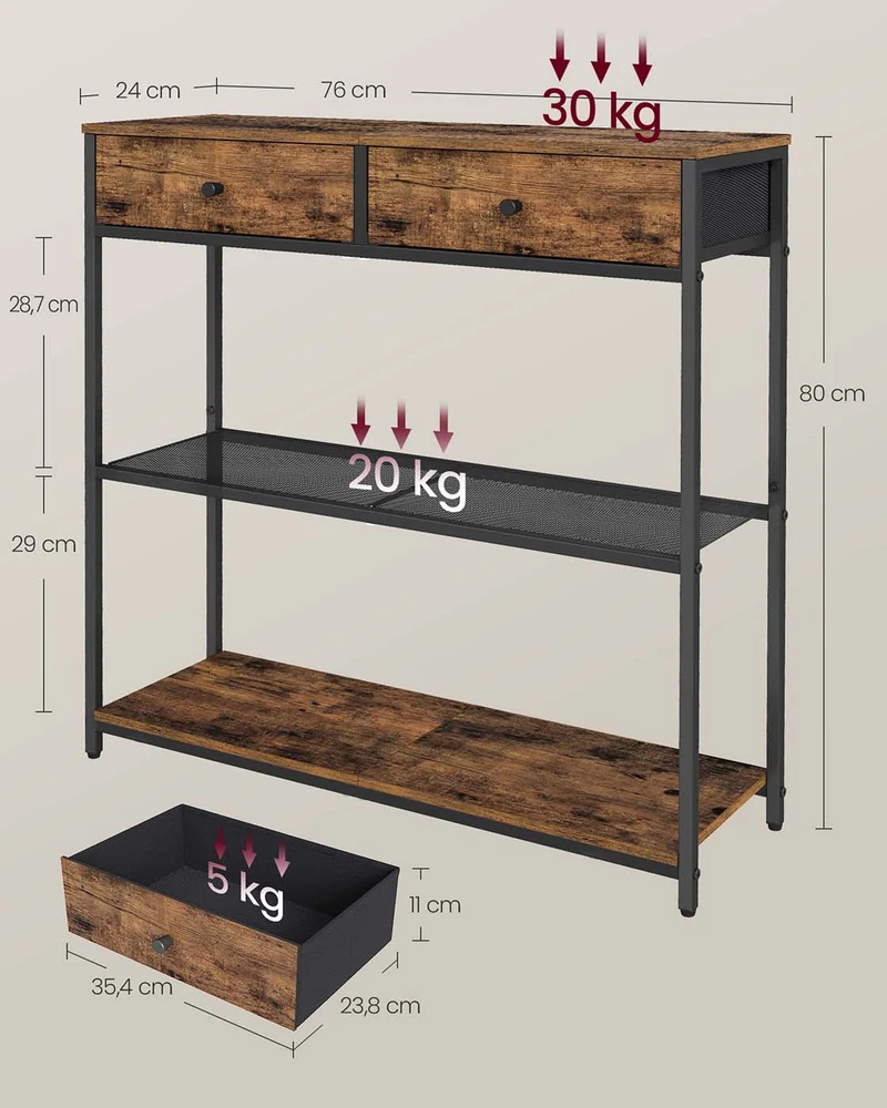 Industrielles Sideboard mit Schubladen – Schmaler Konsolentisch – Schuhregal und Staufächer