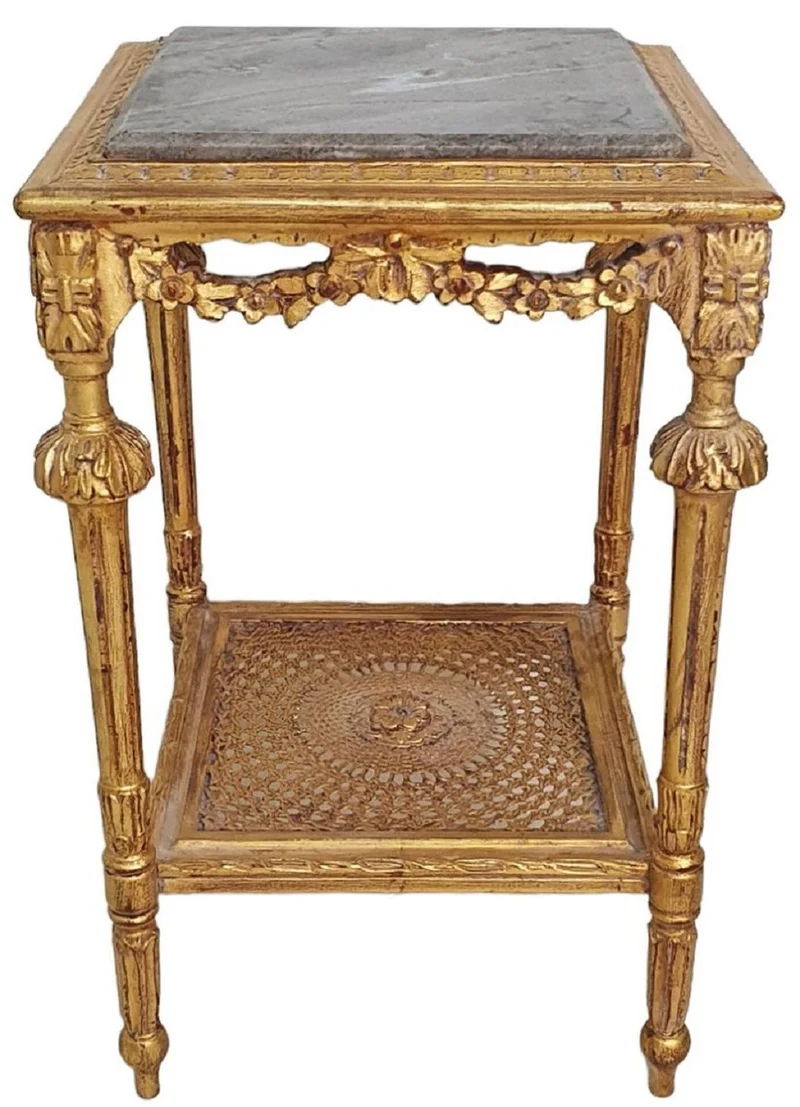 Casa Padrino Barock Beistelltisch Antik Gold / Grau - Prunkvoller Antik Stil Massivholz Tisch mit Marmorplatte - Wohnzimmer Möbel im Barockstil - Barock Möbel