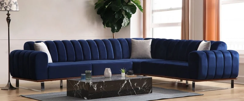 Casa Padrino Luxus Ecksofa mit verstellbaren Rückenlehnen Blau / Braun / Silber 320 x 180 x H. 80 cm - Wohnzimmer Sofa - Wohnzimmer Möbel - Luxus Möbel - Luxus Einrichtung
