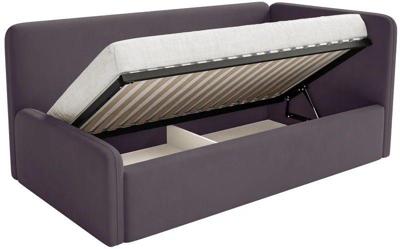 Jugendbett 90x200 cm Fanklo rechtsseitig mit Matratze, Stauraum und Gittern, violetter Velours, wasserabweisend und leicht zu reinigen