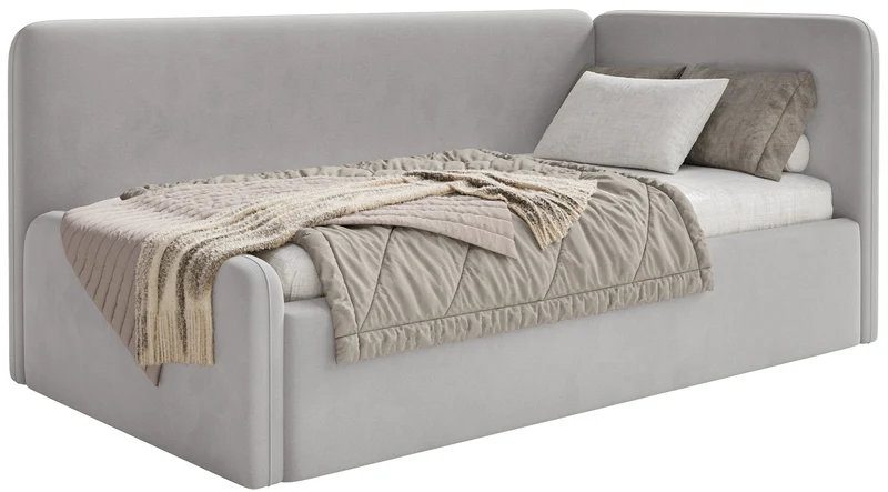 Jugendbett 90x200 cm Fanklo rechtsseitig mit Stauraum, hellgrauer Velours, wasserabweisend und leicht zu reinigen
