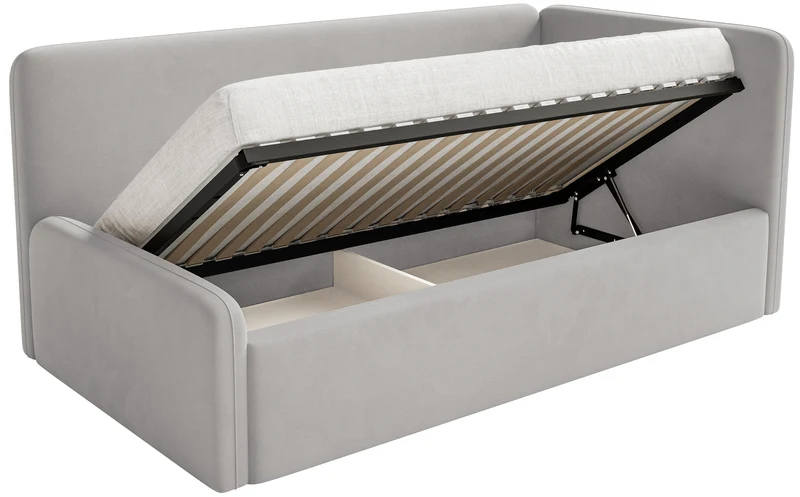 Jugendbett 90x200 cm Fanklo rechtsseitig mit Stauraum, hellgrauer Velours, wasserabweisend und leicht zu reinigen