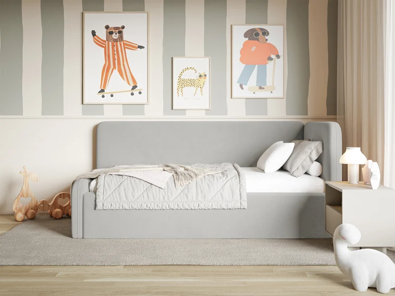 Jugendbett 90x200 cm Fanklo rechtsseitig mit Stauraum, hellgrauer Velours, wasserabweisend und leicht zu reinigen