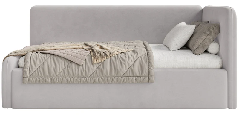Jugendbett 90x200 cm Fanklo rechtsseitig mit Stauraum, hellgrauer Velours, wasserabweisend und leicht zu reinigen