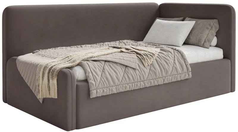 Jugendbett 90x200 cm Fanklo rechtsseitig mit Matratze und Stauraum, brauner Velours, wasserabweisend und leicht zu reinigen