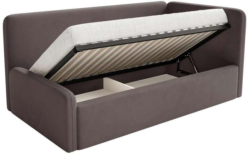 Jugendbett 90x200 cm Fanklo rechtsseitig mit Matratze und Stauraum, brauner Velours, wasserabweisend und leicht zu reinigen