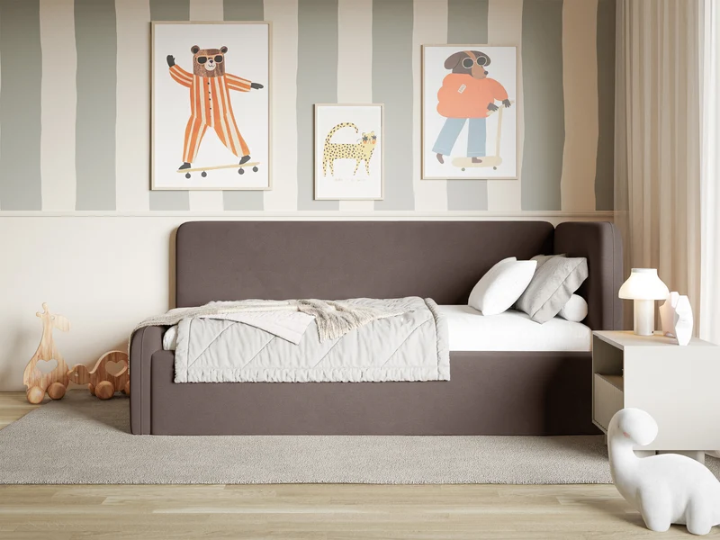 Jugendbett 90x200 cm Fanklo rechtsseitig mit Matratze und Stauraum, brauner Velours, wasserabweisend und leicht zu reinigen
