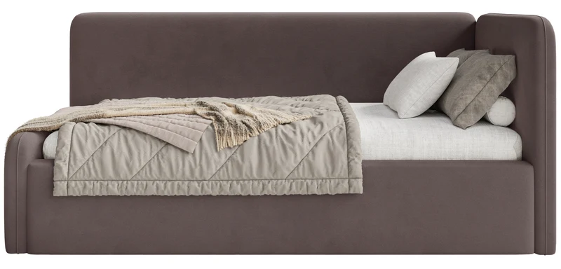Jugendbett 90x200 cm Fanklo rechtsseitig mit Matratze und Stauraum, brauner Velours, wasserabweisend und leicht zu reinigen