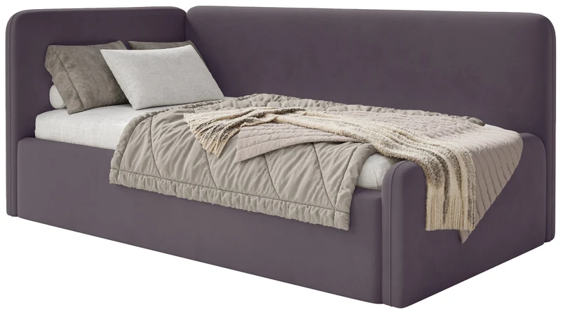 Jugendbett 90x200 cm Fanklo linksseitig mit Stauraum, violetter Velours, wasserabweisend und pflegeleicht