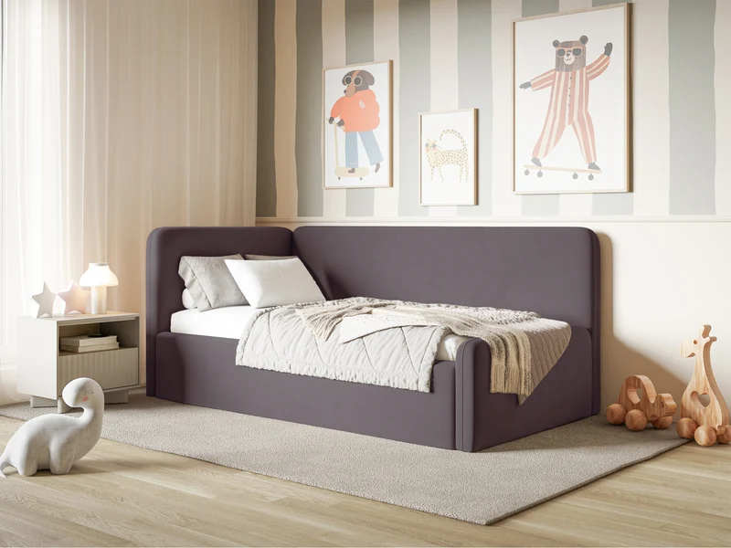 Jugendbett 90x200 cm Fanklo linksseitig mit Stauraum, violetter Velours, wasserabweisend und pflegeleicht
