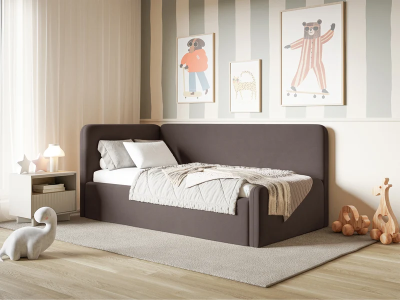 Jugendbett 90x200 cm Fanklo linksseitig mit Matratze und Stauraum, brauner Velours, wasserabweisend und leicht zu reinigen