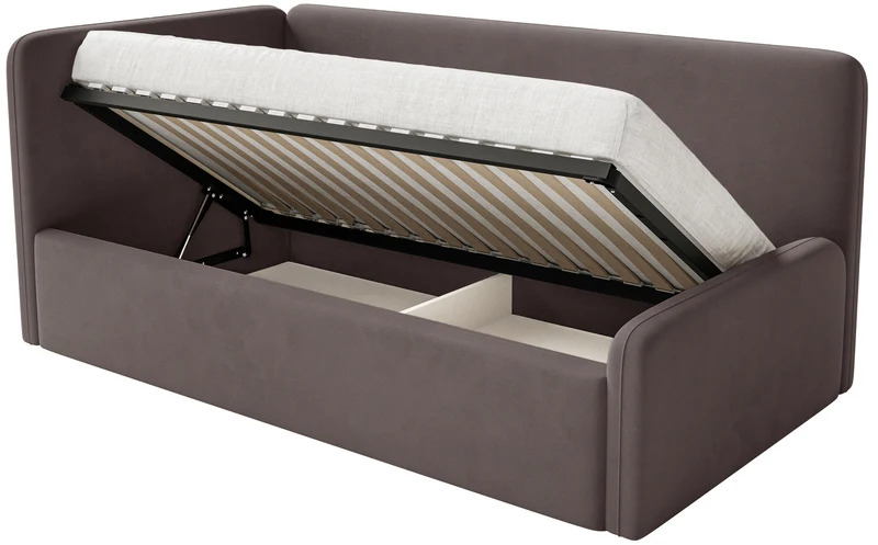 Jugendbett 90x200 cm Fanklo linksseitig mit Matratze und Stauraum, brauner Velours, wasserabweisend und leicht zu reinigen