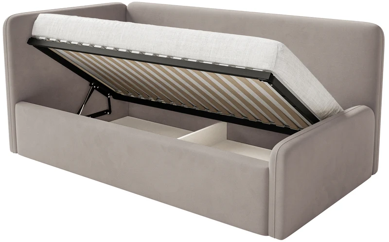 Jugendbett 90x200 cm Fanklo linksseitig mit Matratze und Stauraum, grau-beiges Velours, wasserabweisend und leicht zu reinigen