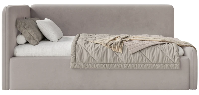 Jugendbett 90x200 cm Fanklo linksseitig mit Matratze und Stauraum, grau-beiges Velours, wasserabweisend und leicht zu reinigen
