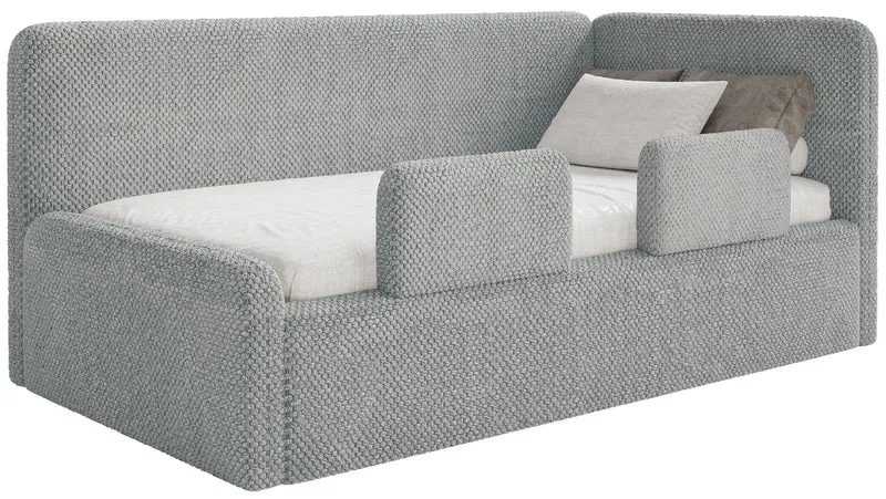 Jugendbett 90x200 cm Fanklo rechtsseitig mit Matratze, Stauraum und grauen, wasserabweisenden Plüsch-Gittern