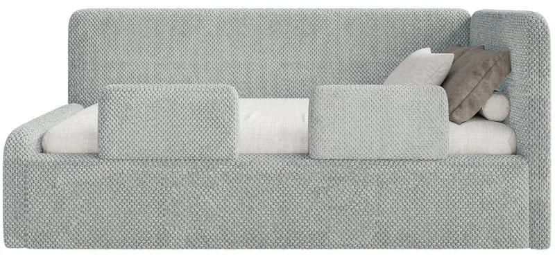 Jugendbett 90x200 cm Fanklo rechtsseitig mit Matratze, Stauraum und grauen, wasserabweisenden Plüsch-Gittern