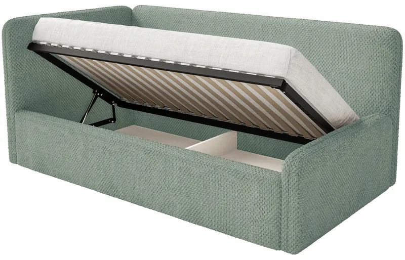 Jugendbett 90x200 cm Fanklo linksseitig mit Stauraum und Seitengittern, salbeigrüner, wasserabweisender Plüsch