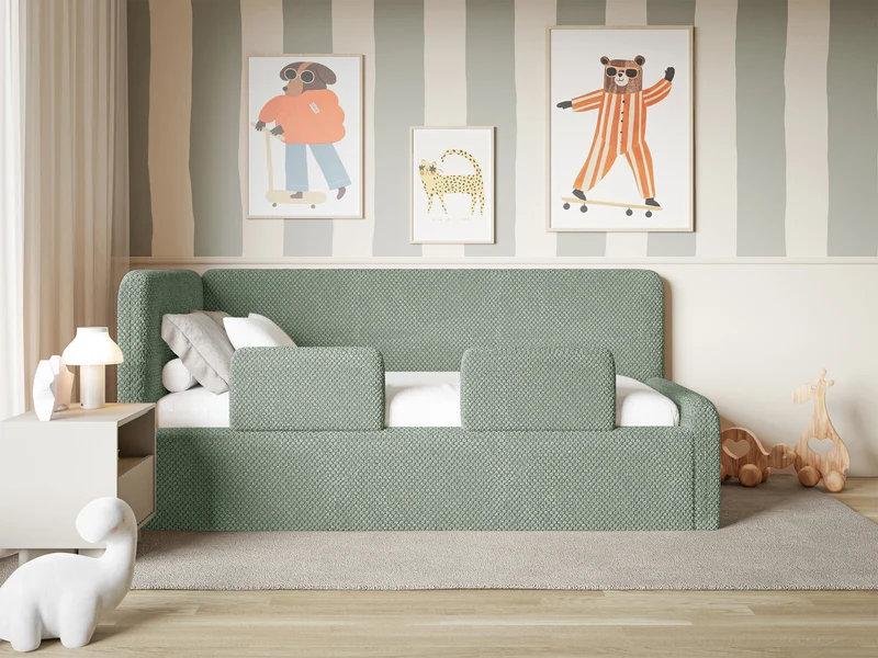 Jugendbett 90x200 cm Fanklo linksseitig mit Stauraum und Seitengittern, salbeigrüner, wasserabweisender Plüsch